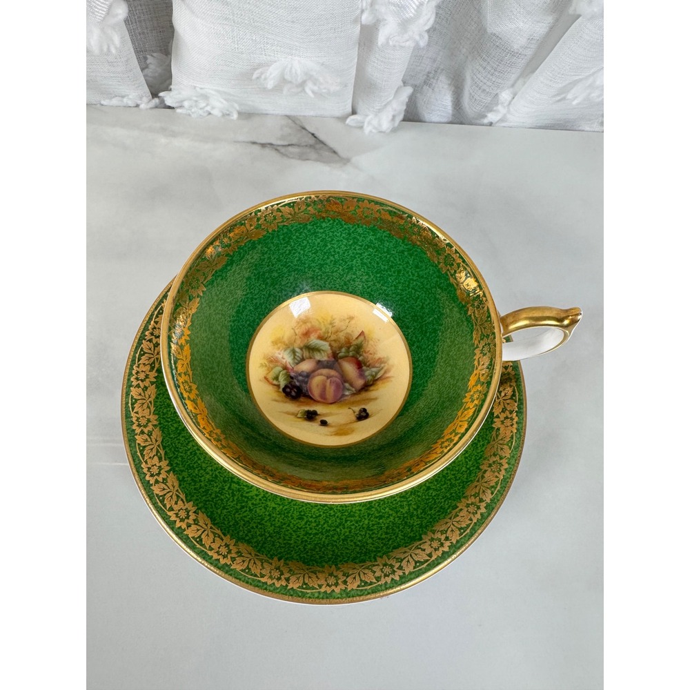 Aynsley Orchard Fruit Tea Cup and Saucer Green Gold Bone China Made in England